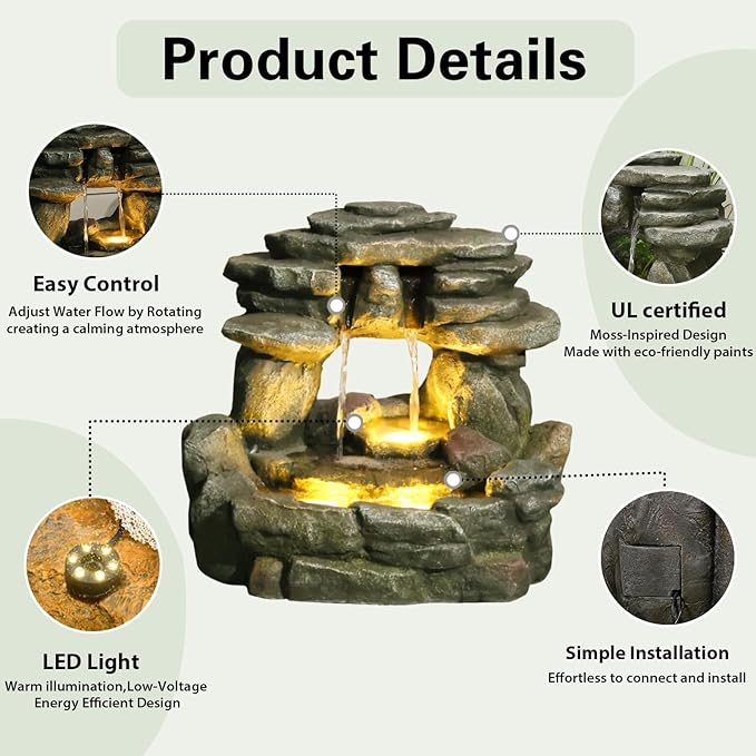 Bumilgar 15.6" H Small Garden Outdoor Rock Water Fountain with LED Lights, 3-Tier Cascading Waterfall Fountain for Patio, Porch, Backyard & Indoor Home Decor