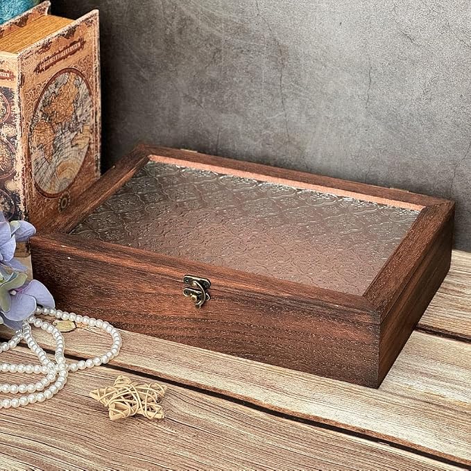 Keepsake Box - Vintage Wooden Decorative Box with Glass Lid for Jewelry, Trinket, Photo & Memory Storage (Large)