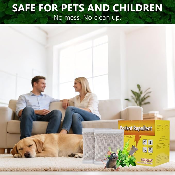 10 Pack Mouse Rodent Repellent, Peppermint Lemon Oil Mice Repellent for Squirrel Rats Spider Pests, Natural Deterrent for Kitchen, Warehouse, Car, Indoor, Outdoor, Safe for Pets Family