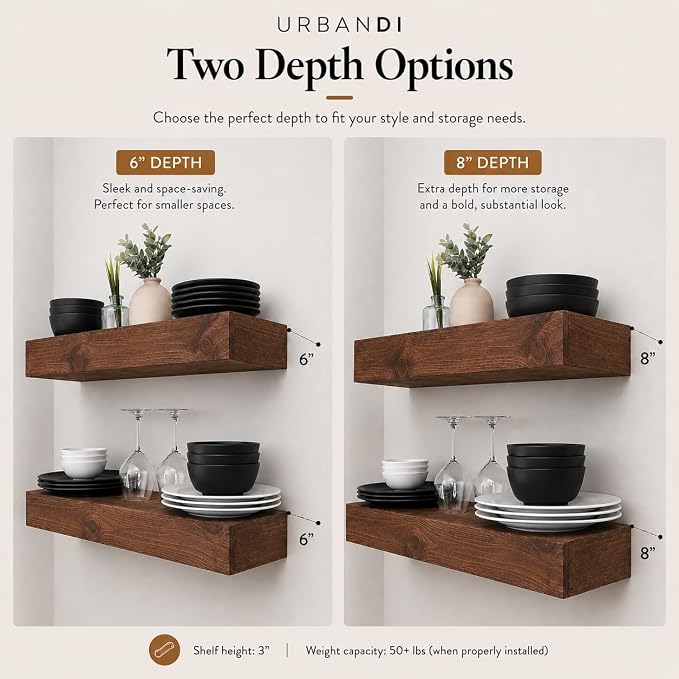 Urbandi Modern Floating Shelves 3 Inches Thick for Wall, Wide Shelves for Kitchen, Living Room, Bedroom, and Bathroom, Natural Pine Wood, Rustic Wooden Shelf, (Set of 2) (Provincial, 36Lx3Hx8D)