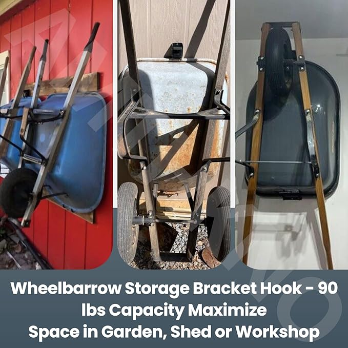 AMTHKNO Wheelbarrow Storage Bracket - 90 lbs Capacity, Use for Most Wheelbarrows, Effectively Saving Space in Gardens Shed or Workshops, Comes with Spring Loaded Lift Latch Safety Catch Feature