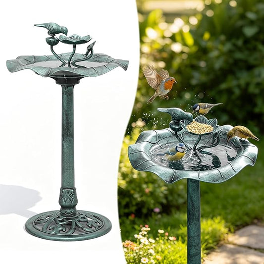 Magshion 35" Outdoor Bird Bath and Feeder for Outside, Pedestal Birdbath with Vintage Lotus Design, Durable Polypropylene Construction, Stunning Garden Accent for Lawn, Backyard & Patio, Green