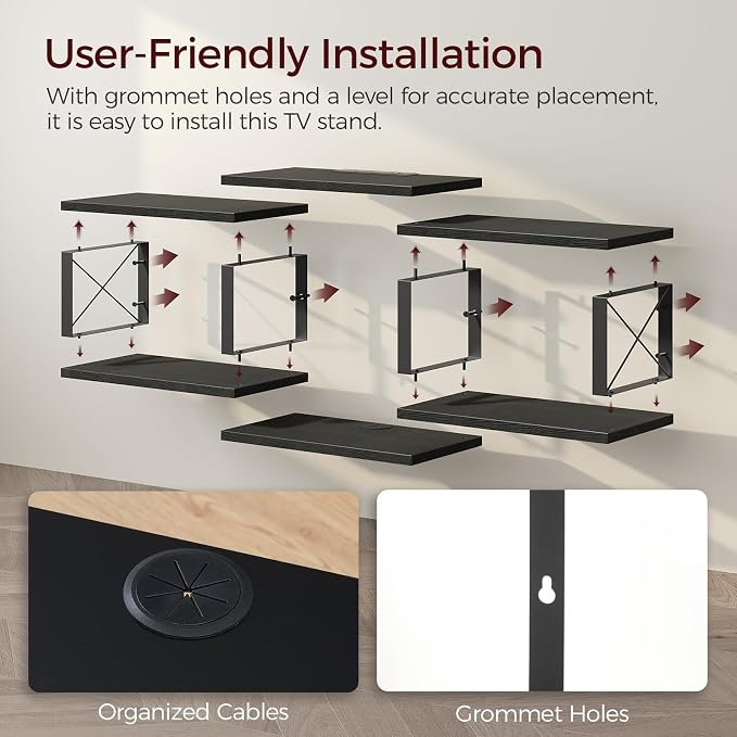 MAHANCRIS 43.7” Floating TV Stand with Power Outlet, Wall-Mounted Entertainment Center, Floating Metal Frame Media Console Shelf for Under TV Storage, for Living Room, Bedroom, Black TVHB101E01