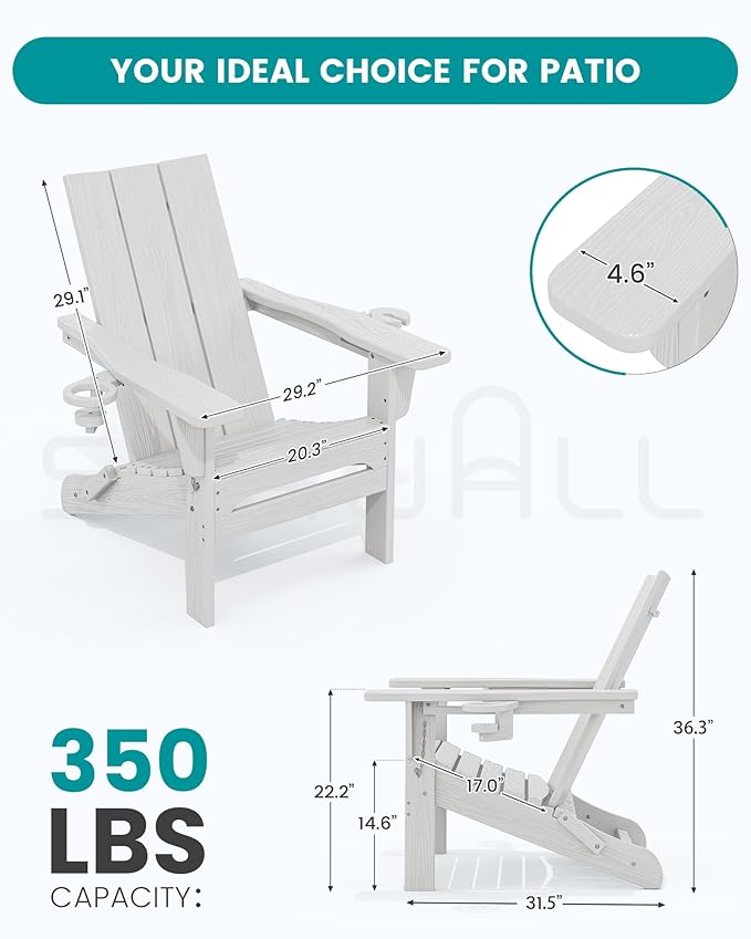 SERWALL Modern Folding Adirondack Chair Set of 6, Weather Resistant HDPE Outdoor Adirondack Chair with Cup Holders, Fire Pit Chairs for Patio Lawn Garden, White