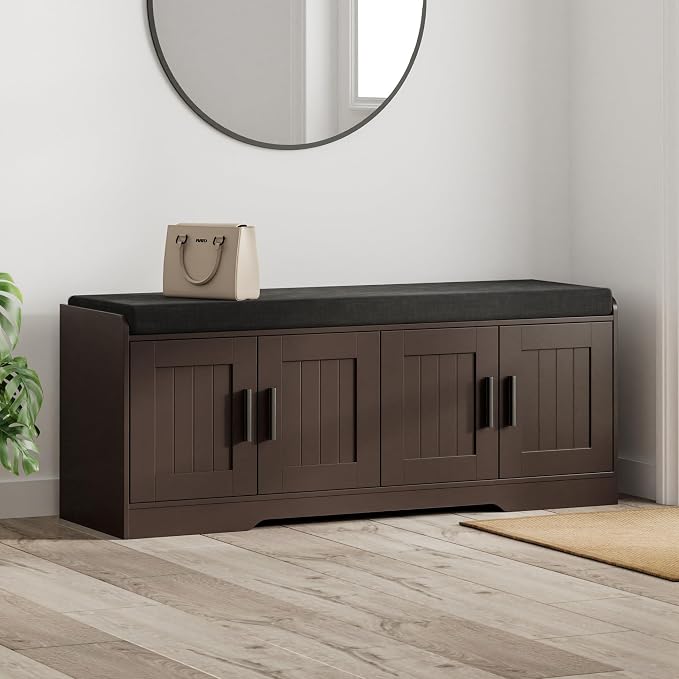 Homleke Shoe Storage Bench, 4 Doors & Thickened Padded Seat Cushion