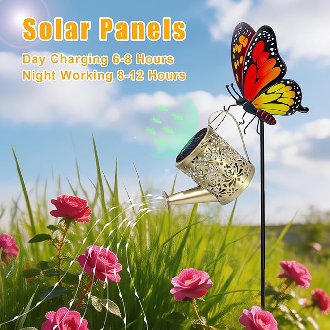 Solar Lights Garden Decor, Waterproof Solar Watering Can with Butterfly Garden Stakes, Outdoor Light with Cascading Lights for Yard Art Outside Patio Lawn Porch, Birthday Gift for Mom Women 2 Pack