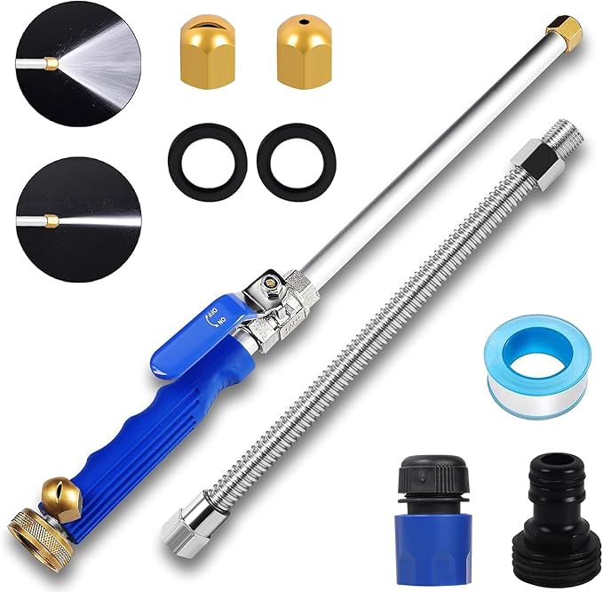 Garden High Pressure Hose Nozzle, Jet Nozzle High Pressure Hose Nozzle Tool Attachment with 2 Different Nozzles, Quick Connect Flexible Wand Lance for Gutter Patio Car Pet Window (Blue)