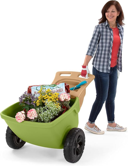 Simplay3 Easy Haul Wheelbarrow with Garden Tool Storage Tray, Durable Heavy-Duty Plastic Wheelbarrow with Large Easy Turn Wheels - Green, Made in USA