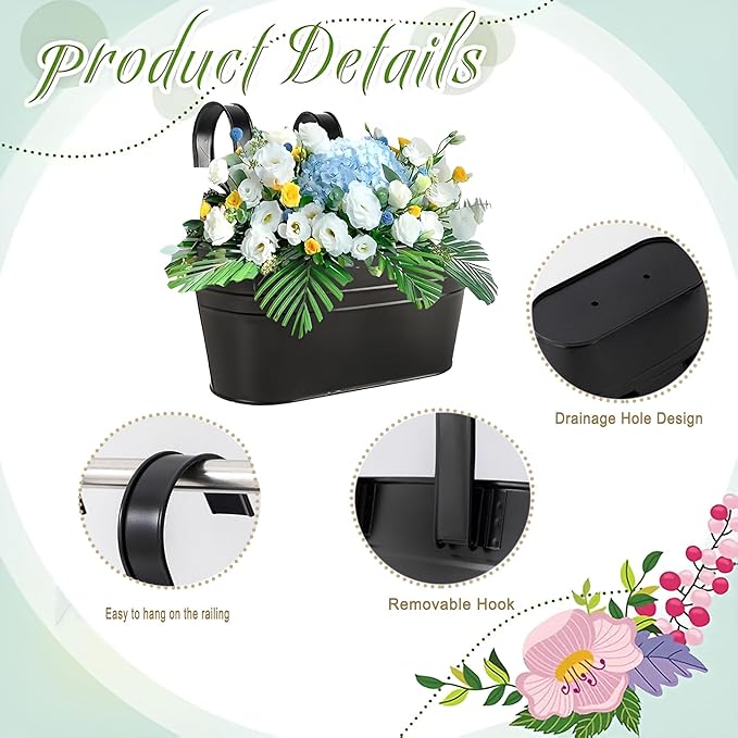 10.6 Inch 3 Pack Long Slot Wrought Iron Hanging Flower Pots Small Metal Hanging Flower Basket with Removable Hooks and Drainage Holes Suitable for Porch Railing Balcony Fence Garden (HS)