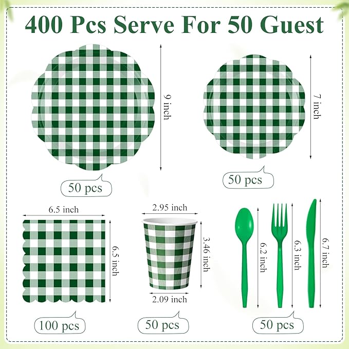 Funnymoom 400 Pcs Gingham Party Supplies for 50 Guests Dark Green and White Paper Plates and Napkins Knives Spoon Fork Cup Disposable Checkered Dinner Party Set Cutlery for Baby Shower Wedding Favor