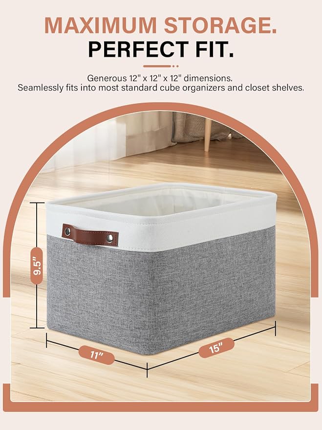 DULLEMELO Fabric Baskets for Storage, Office, Home,Nursery,Organizing Baskets for Shelves, Bedroom, Toys,Gift,Fabric Storage Basket with Handles(White&Grey,L-15"x11"x9.5",4-Pack)