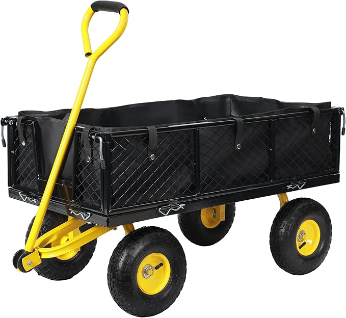 SUNNYFEEL 500 Lbs Capacity Heavy Duty Mesh Steel Garden Cart,Folding Utility Cart with Removable Side Nets, Non-Slip Rubber Base, Black & Yellow,Upgraded Version