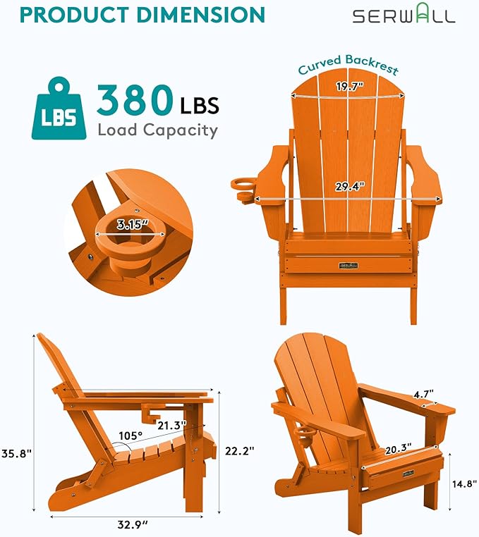 SERWALL Adirondack Chair for Patio Garden Outdoors Heavy All-Weather Fire Pit Chairs - Orange