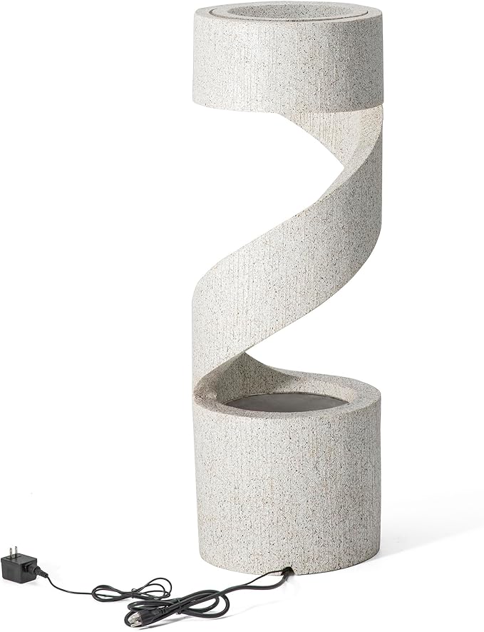 Glitzhome Outdoor Water Fountain, 40.25" H Modern Faux Terrazzo Spiral Shaped Outdoor Fountain with Pump and LED Lights, Polyresin Waterfall Fountain Water Feature for Garden, Patio, Porch Decor