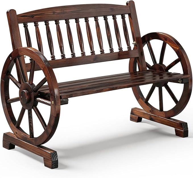 Outvita 41'' Outdoor Wooden Bench, 2-Person Rustic Wagon Wheel Bench with Slatted Seat and Carbonized Fir Wood Construction, Weather-Resistant Garden Bench for Patio, Porch and Backyard(Dark Brown)