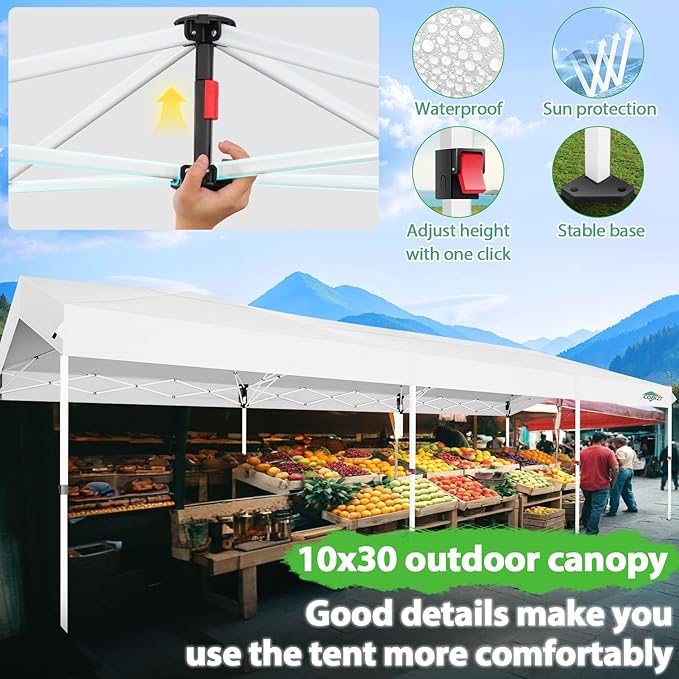 COBIZI Canopy Tent 10x30 Pop up Canopy with 3 Sidewalls Outdoor Party Tent Waterproof 2000mm+&UPF50+,Carpas para Fiestas 10x30 Pop up Gazebo Wedding Canopy with 4 Ropes&4 Sandbags,White