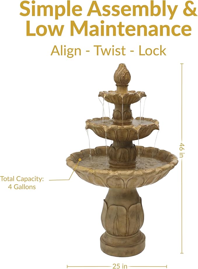 Sunnydaze Classic Tulip 46" Tiered Outdoor Water Fountain - 3-Tiered Outdoor Fountain for Garden, Patio, or Backyard - Garden Stone