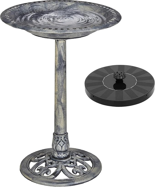 VECELO 28" Pedestal Outdoor Bird Bath with Solar Powered Fountain for Outside, Vintage Bronze Polyresin Lightweight Antique, Yard/Garden Decoration, Gray