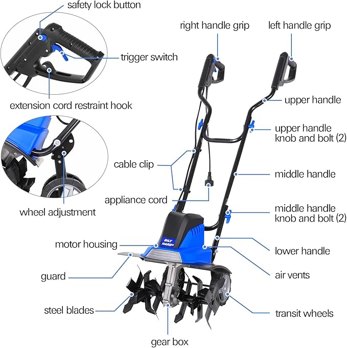 BILT HARD 16-Inch Corded Garden Tiller Cultivator, 13.5-Amp 6 Steel Tines Tillers with Adjustable Wheels & Foldable Handle, 8-Inch Tillling Depth Electric Rototiller for Lawn/Yard/Garden Soil Digging