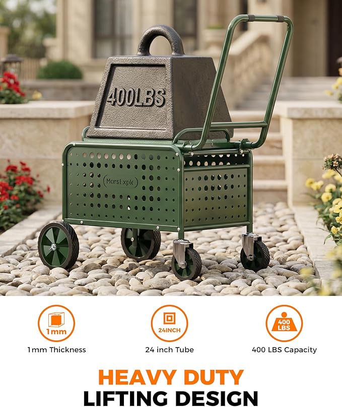 Rolling Garden Work Seat with Wheels, Upgraded Heavy Duty Cart for Seniors with Rotatable 360-Degree Wheels and Extended Handle, Garden Seat with Wheels for Lawn, Patio & Backyard Gardening, Green