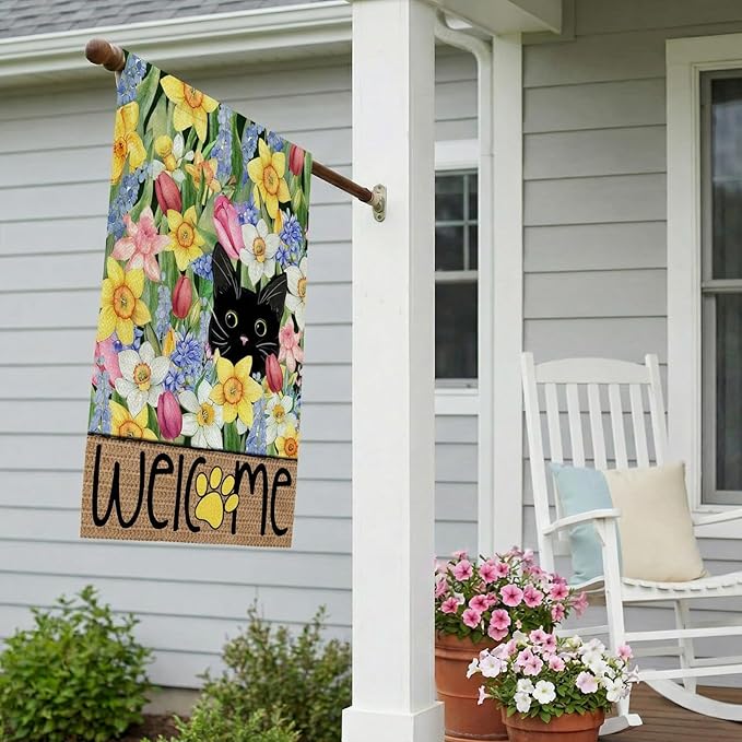 CROWNED BEAUTY Spring Summer House Flag Black Cat Double Sided 28x40 Inches Large Burlap Welcome Holiday Seasonal Yard Decoration for Outside Porch