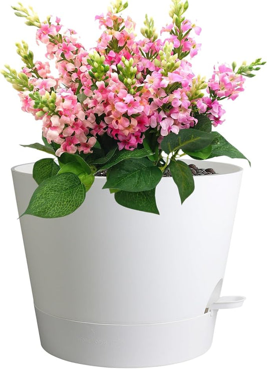 Meowell 12 inch Large Self Watering Pots for Indoor Outdoor Plants, Flower Plant Pots with Mesh Drainage Holes for Garden House, Plastic Planters with Reservoir for Home, White