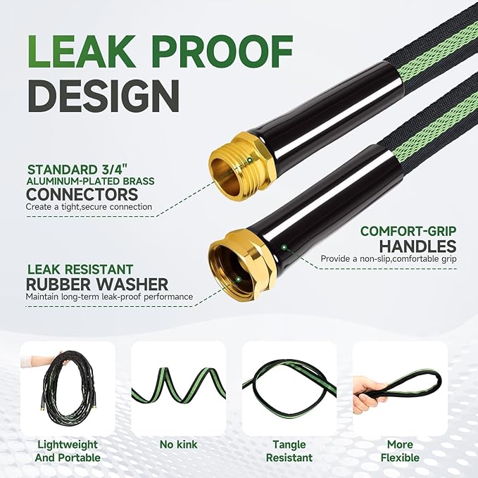 Garden Hose 100 ft Flexible Water Hoses Non-Expanding Lightweight Portable No Kink High Pressure Flat Fabric 3/4” fittings Leak-proof Durable Pipe for Outdoor Outside Yard Lawn Patio Watering