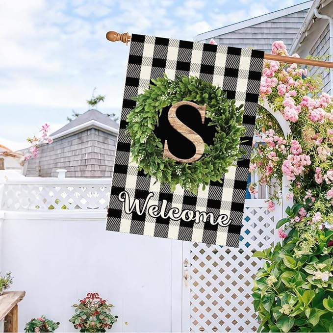 Baccessor Monogram Letter S Garden Flag 28 x 40 Inch, Buffalo Plaid Family Last Name Initial Boxwood Wreath Welcome Vertical Double Sided Large Flags for Outdoor Outside Decoration
