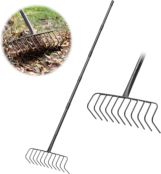 Bow Rake, Thatch Rake for Lawn, 82" Heavy Duty Lawn Leveling Rake with 11 Stainless Steel Tines, Adjustable Long Handle Garden Tool for Loosening Soil, Cleaning the Leaves, Removing Thatch, Laying Sod