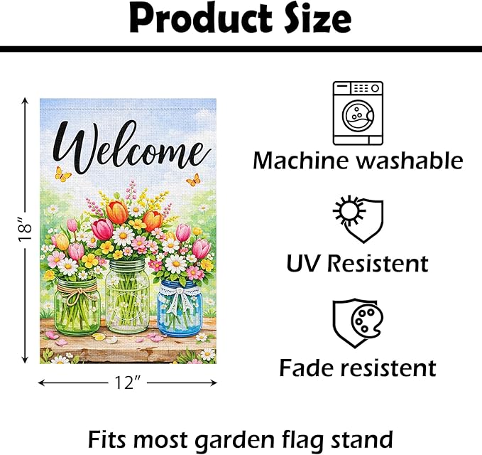 Heyfibro Spring Welcome Garden Flag 12x18 Inch Double Sided Butterfly Florals Garden Flag Small Yard Flags for Outside House Farmhouse Seasonal Spring Outdoor Decorations