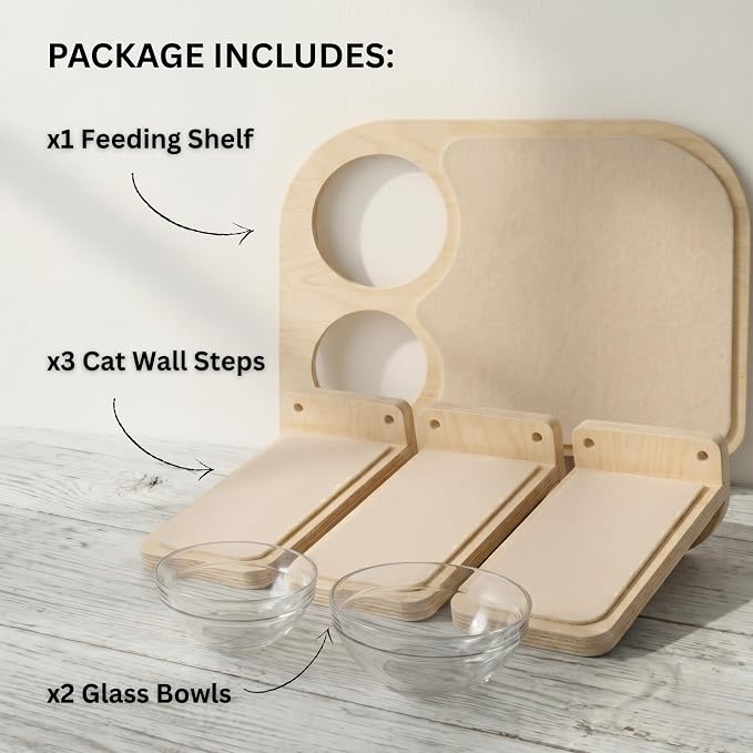 INICIO Cat Shelves - Feeding Shelf with 3 Cat Wall Steps - Natural Wood