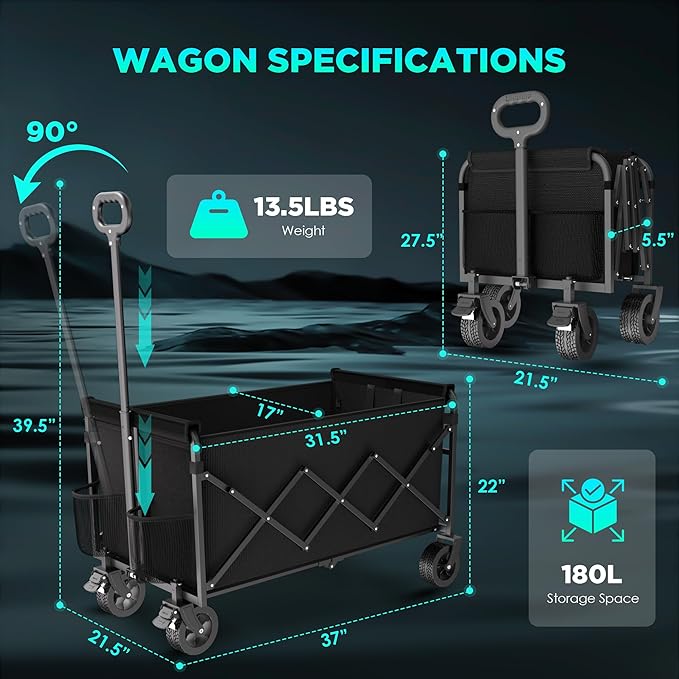 Wagons Carts Foldable Collapsible Foldable Extended Wagon with Brakes, 500lbs Weight Capacity, Heavy Duty Folding Utility Garden Cart with Big All-Terrain Beach Wheels & Drink Holders