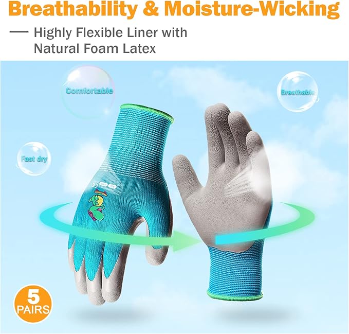 KDK 5 Pairs Kids Gardening Gloves Yard Work Gloves Children Soft Safety Rubber Coated Gloves for Toddlers Youth Girls Boys Children (6-8yr M)