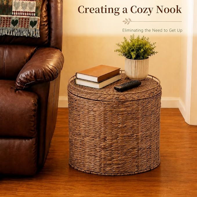Round Water Hyacinth Storage Ottoman with Lid
