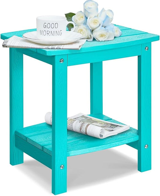Y&M Outdoor Side Table, HIPS Adirondack Small Double Layer Table, Waterproof Square Balcony Modern End Tables for Patio, Pool, Beach, Porch, Deck, Indoor or Outdoor Use, Aruba Blue