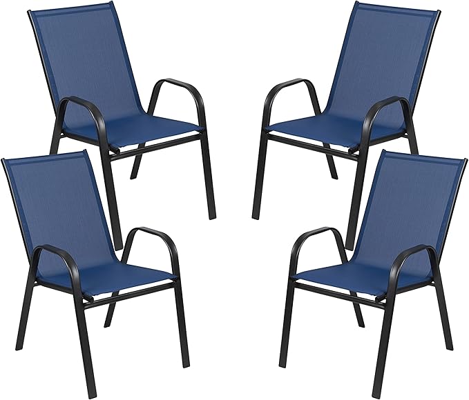 Flash Furniture Brazos Series Outdoor Stackable Patio Chairs with Flex Comfort Material, Stacking Outdoor Modern Sling Patio Chairs, Set of 4, Navy