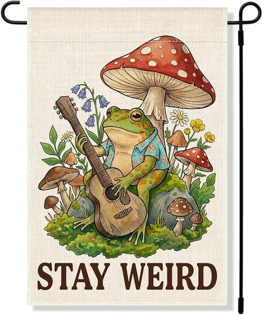 RZHV Stay Weird Double-Sided Garden Flag for Outdoor House Yard Sign Garden Decor Parade, Cute Frog Mushrooms Vertical House Lawn Yard Sign, Housewarming Banner Gifts for Frog Lover Friends Neighbors
