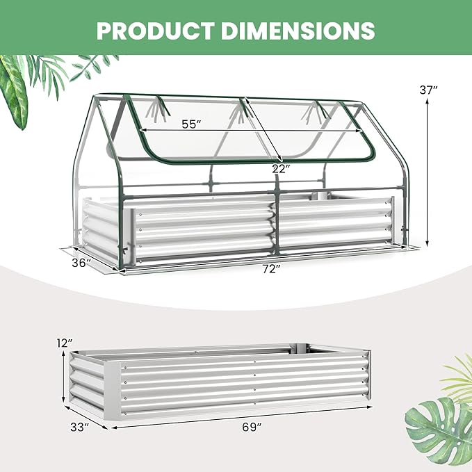 Happygrill Raised Garden Bed with Cover, Galvanized Planter Boxes Outdoor w/Mini Greenhouse, 2 Roll-up Windows & Open-Ended Base, Metal Growing Raised Bed for Vegetables (Silver, 72” x 36” x 37”)