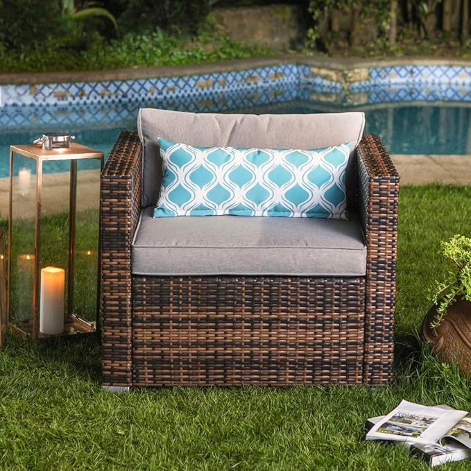 COSIEST All-Weather Patio Chair, Single Brown Wicker Chair with Thick Gray Cushions & Teal Pillow, Outdoor Rocking Chair for Porch, Garden, Poolside