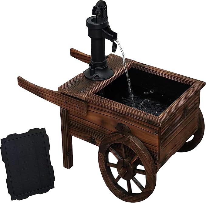 NestNature Outdoor Water Fountain,Wooden Wagon Wheel Pump Old-Fashioned Fountain,Solar-Powered Electric Decorative Hand Pump, Outdoor Water Feature for Patio, Garden & Indoor Decoration