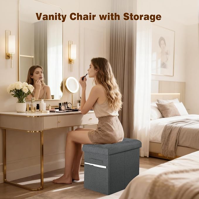 Storage Ottoman, Upgraded 17" High Folding Linen Foot Rest Dark Grey | Small Ottoman Bench with Thicker Foam Padded Seat. Foot Stools Ottoman for Dorm Bedroom with Side Pocket & Handles 17x13x13in