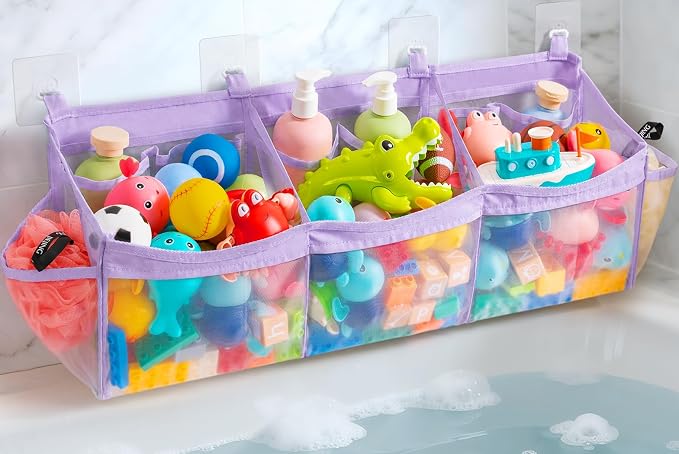 Criusia Extra Large Bath Toy Organizer with 3 Compartments and Multiple Pockets, Quick-Dry Mesh Bathtub Storage for Kids' Toys (Purple)