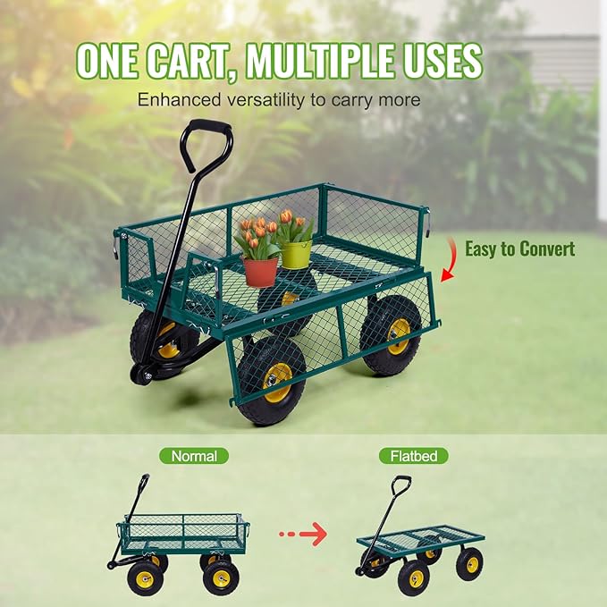 Backyard Expressions Heavy Duty Garden Cart 400 lb Utility Wagon Cart with Removable Mesh Sides, Powder-Coated Steel Bed, Pneumatic Tires, Pull Handle Yard Cart
