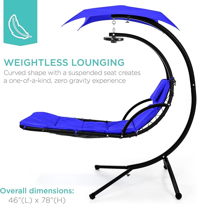 Best Choice Products Hanging LED-Lit Curved Chaise Lounge Chair Swing for Backyard, Patio, Lawn w/ 3 Light Settings, Weather-Resistant Pillow, Removable Canopy Shade, Steel Stand - Resort Blue