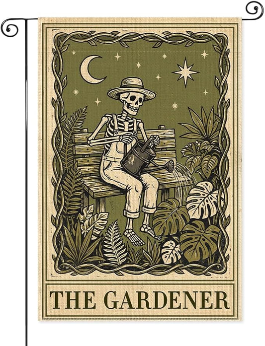 The Gardener Garden Flags for Outside, Gothic Garden Flag for Plant Lover, Spooky Yard Banner for Gardener, Funny Skeleton Planting Lawn Yard Sign Decor, Halloween Gifts for Family Friends