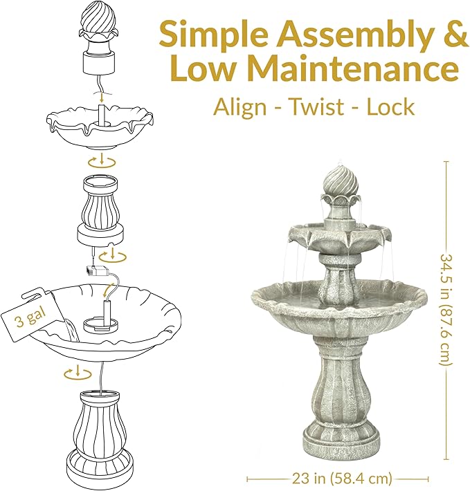 Sunnydaze 35" Solar 2-Tier Outdoor Water Fountain - Garden Water Feature with Battery Backup and Pump - White