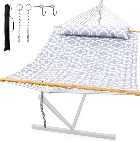 ANAGOO Double Quilted Outdoor Hammock for 2 Adults, 500lb Capacity Backyard & Camping Hammock with Pillow and Bamboo Spreader Bar, Fits 11–15ft Hammock Stands (Stand Not Included),Light Gray