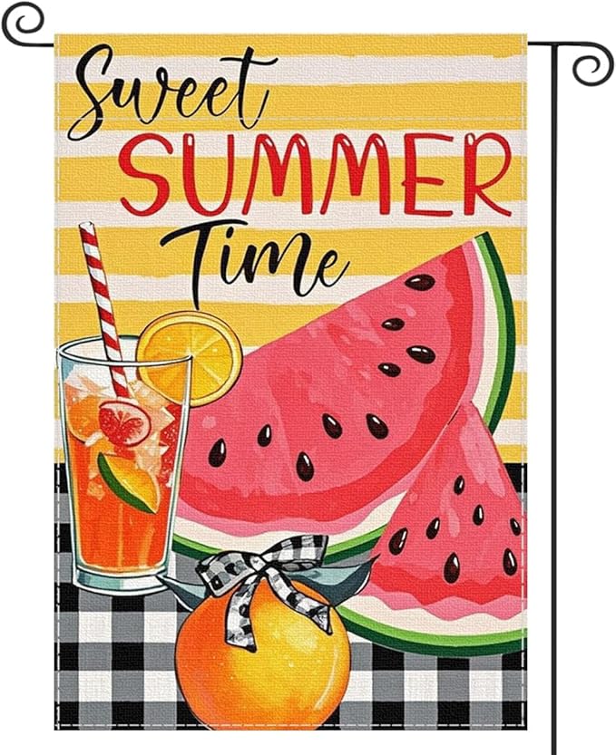 Sweet Summer Time Garden Flag Watermelon Buffalo Plaid 12x18 Inch Welcome Small Flags for Outside, Fruit Double Sided Burlap Juice Lemon Holiday Seasonal Banner Farmhouse Outdoor Yard Decoration