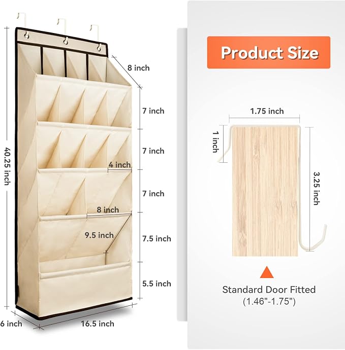 1 Pack Over the Door Shoe Organizers, Hanging Organizers with Large Pockets | with Large Deep Pocket Shoe Holder for Closet Shoes Rack for Wall, Over Door Shoe Storage Hold up to 18 Pairs Shoes, Beige