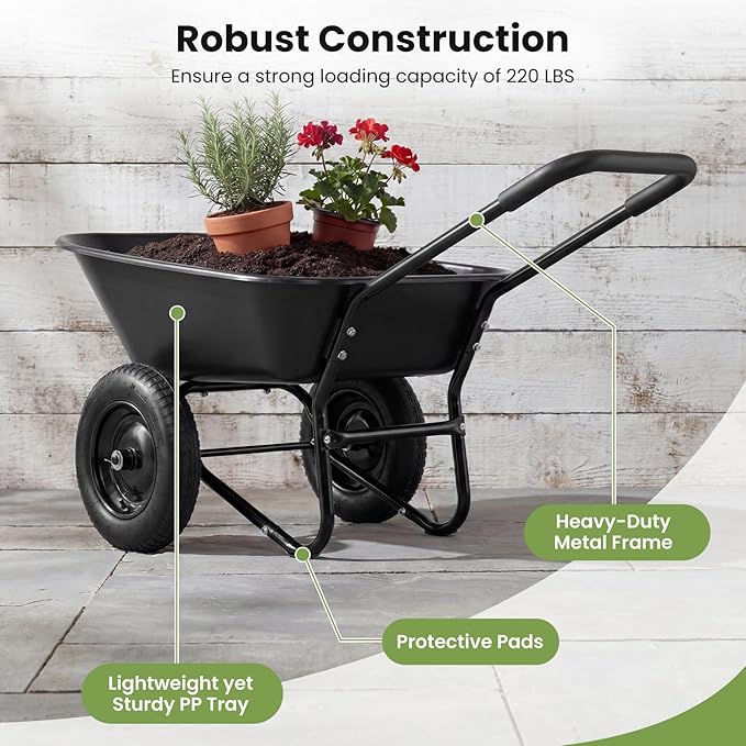 Goplus 2 Wheel Wheelbarrow, Dual Wheel Barrow with 14 inches Pneumatic Rubber Tires, 330 lbs Capacity Garden Yard Cart for Gardening Tool, Moving Soil, Wood, Gravel, Mulch